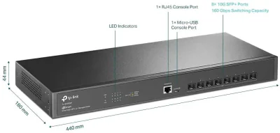 "JetStream™ 8-Port 10GE SFP+ L2+ Managed Switch PORT: 8× 10G SFP+ Slots, RJ45/Micro-USB Console Port SPEC: 1U 19-inch Rack-mountable Steel Case FEATURE: Integration with JetStream™ SDN Controller, Static Routing, OAM, sFlow, DDM, 802.1Q VLAN, QinQ, S