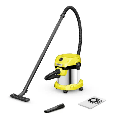 Kärcher V-15/4/18. Maximum input power: 1000 W. Type: Drum vacuum, Cleaning type: Dry, Dust container type: Dust bag, Dust capacity:  15 L. Vacuum air filtering: HEPA, Dirt separating method: Filtering. Product colour: Stainless steel, Yellow