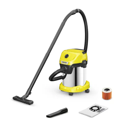 Kärcher WD 3 S V-17/4/20. Maximum input power: 1000 W. Type: Drum vacuum, Cleaning type: Dry&wet, Dust container type: Dust bag, Dust capacity: 17 L. Dirt separating method: Filtering. Product colour: Stainless steel, Yellow