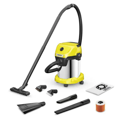 Kärcher WD 3 S V-17/4/20. Maximum input power: 1000 W. Type: Drum vacuum, Cleaning type: Dry&wet, Dust container type: Dust bag, Dust capacity: 17 L. Dirt separating method: Filtering. Product colour: Stainless steel, Yellow