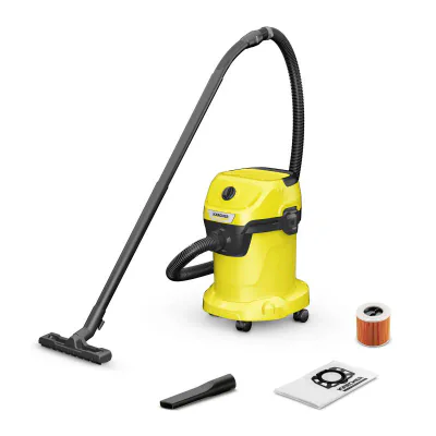 Kärcher WD 3 V-17/4/20. Maximum input power: 1000 W. Type: Drum vacuum, Cleaning type: Dry&wet, Dust container type: Dust bag, Dust capacity: 17 L. Noise level: 74 dB. Product colour: Black, Yellow