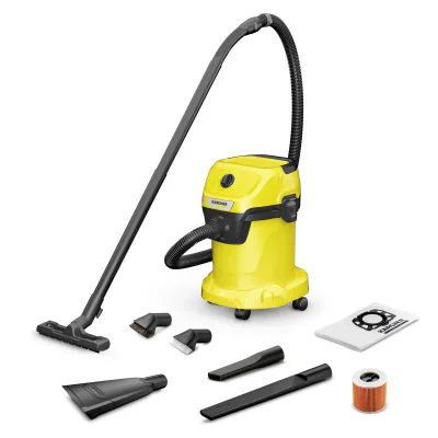 Kärcher WD 3 V-17/6/20 CAR. Maximum input power: 1000 W. Cleaning type: Dry&wet, Dust container type: Dust bag. Vacuum air filtering: HEPA. Product colour: Yellow