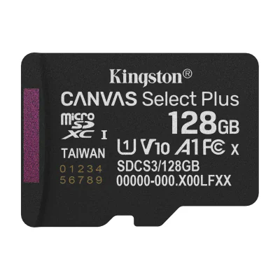 Kingston Technology 128GB micSDXC Canvas Select Plus Gen3 150R A1 Single Pack w/o ADP, 128 GB, MicroSDXC, Class 10, UHS-I, 150 MB/s, Class 1 (U1)
