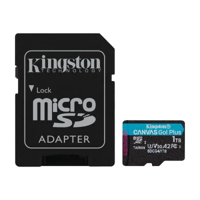 Kingston Technology 1TB microSDXC Canvas Go Plus Gen4 200MB/s A2 U3 V30 Card + Adapter, 1 TB, MicroSD, Class 10, UHS-I, 200 MB/s, 160 MB/s
