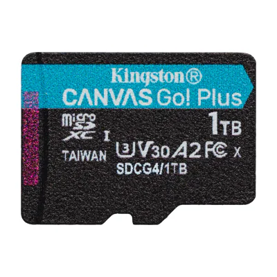 Kingston Technology 1TB microSDXC Canvas Go Plus Gen4 200R A2 U3 Single Pack w/o ADP, 1 TB, MicroSD, Class 10, UHS-I, 200 MB/s, 160 MB/s