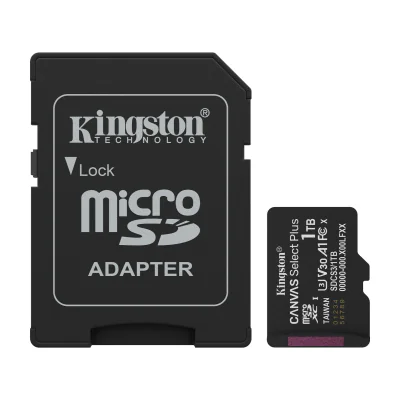 Kingston Technology 1TB microSDXC Canvas Select Plus Gen3 150MB/s A1 Card + Adapter, 1 TB, MicroSDXC, Class 10, UHS-I, 150 MB/s, Class 3 (U3)