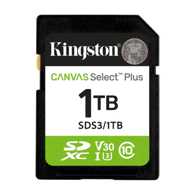 Kingston Technology 1TB SDXC Canvas Select Plus Gen3 150MB/s C10 UHS-I U3 V30, 1 TB, SD, Class 10, UHS-I, 150 MB/s, Class 3 (U3)