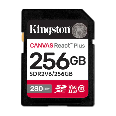 Kingston Technology 256GB Canvas React Plus SDXC UHS-II 280R/150W U3 V60 for Full HD/4K, 256 GB, SDXC, Class 10, UHS-II, 280 MB/s, 150 MB/s