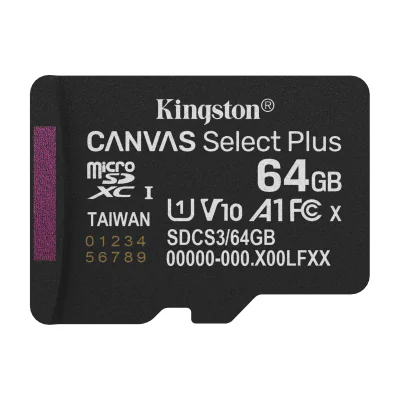 Kingston Technology 64GB micSDXC Canvas Select Plus Gen3 100R A1 Single Pack w/o ADP, 64 GB, MicroSDXC, Class 10, UHS-I, 100 MB/s, Class 1 (U1)
