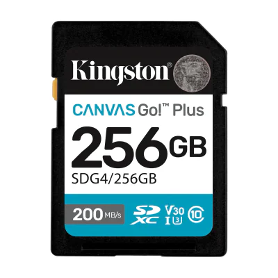 Kingston Technology Canvas Go! Plus 256GB SDXC Canvas Go Plus Gen4 200MB/s C10 UHS-I U3 V30, 256 GB, SDXC, Class 10, UHS-I, 200 MB/s, 160 MB/s