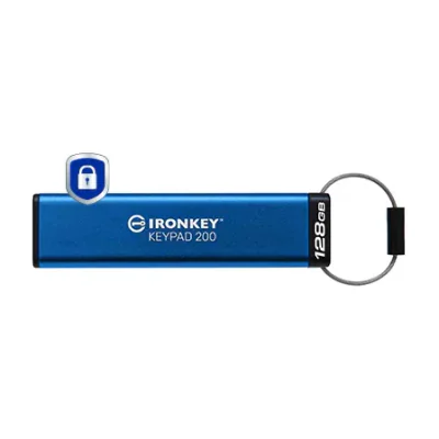 Kingston Technology IronKey 128GB Keypad 200, FIPS 140-3 Lvl 3 AES-256 Hardware Encrypted, 128 GB, USB Type-A, 3.2 Gen 1 (3.1 Gen 1), 145 MB/s, Sleeve, Blue
