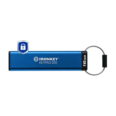 Kingston Technology IronKey 16GB Keypad 200, FIPS 140-3 Lvl 3 AES-256 Hardware Encrypted, 16 GB, USB Type-A, 3.2 Gen 1 (3.1 Gen 1), 145 MB/s, Sleeve, Blue