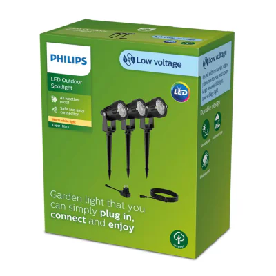 Kit 3 Spoturi LED pentru exterior cu spike Philips CAPER GARDEN LINK ,3x1.5W, 24V, 3x180 lm, lumina calda (2700K), IP44,270x70x60mm, Negru