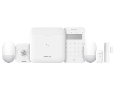Kit de alarmă wireless AX PRO 868 MHz HIKVISION DS-PWA96-KIT2-WE, centrală + 2 detectoare PIR + contact magnetic + telecomandă + tastatură + sirenă, 96 zone, White
