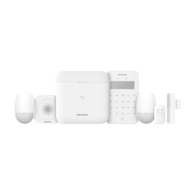 Kit de alarmă wireless AX PRO 868 MHz HIKVISION DS-PWA96-KIT2-WE, centrală + 2 detectoare PIR + contact magnetic + telecomandă + tastatură + sirenă, 96 zone, White
