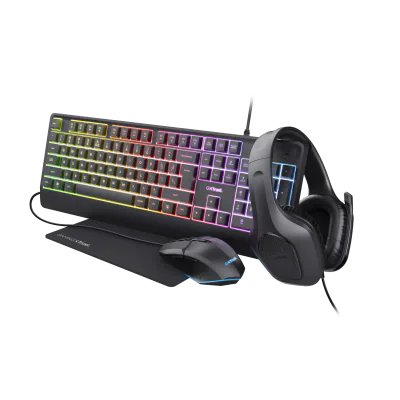 Kit Trust GXT 792 Quadrox 4-in-1, kitul contine: casti gaming, tastatura gaming, mouse gaming, mousepad, adaptor