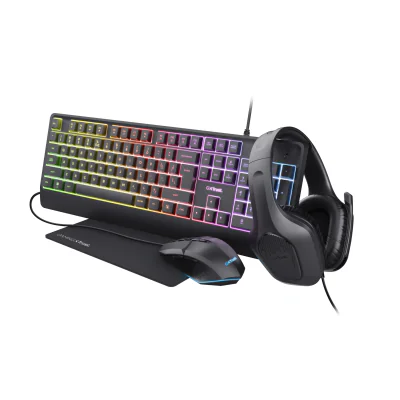 Kit Trust GXT 792 Quadrox 4-in-1, kitul contine: casti gaming, tastatura gaming, mouse gaming, mousepad, adaptor