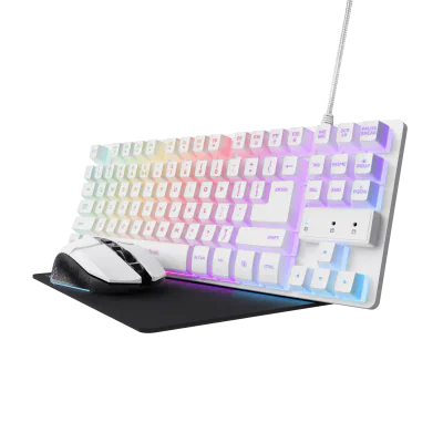 Kit Trust GXT 794W 3-in-1, kitul include: tastatura gaming, mouse cu fir gaming, mousepad, cablu USB-A la USB-C de 1m, USB micro receiver.