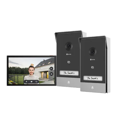 KIT VIDEINTERFON EZVIZ HP7 2-ENTRY, Senzor imagine: 1/2.7" Progressive Scan CMOS, Rezolutie 2K (2048x1296), Lentila: 2.0 mm @ F2.2, view angle: 162° (Diagonal) IR 6M, Compresie: H.265 / H.264 Ecran interior: 7 "touch screen, 1024x600 Conexiune: 2xFir