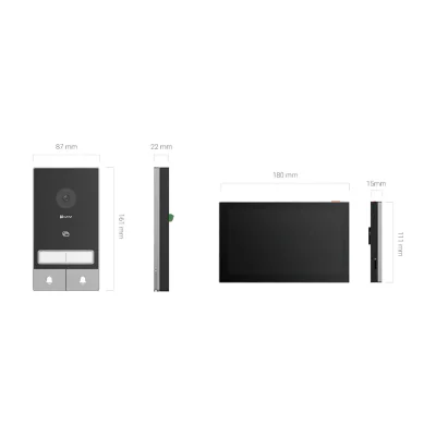 KIT VIDEINTERFON EZVIZ HP7 2-ENTRY, Senzor imagine: 1/2.7" Progressive Scan CMOS, Rezolutie 2K (2048x1296), Lentila: 2.0 mm @ F2.2, view angle: 162° (Diagonal) IR 6M, Compresie: H.265 / H.264 Ecran interior: 7 "touch screen, 1024x600 Conexiune: 2xFir