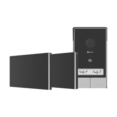 KIT VIDEINTERFON EZVIZ HP7 2-ENTRY, Senzor imagine: 1/2.7" Progressive Scan CMOS, Rezolutie 2K (2048x1296), Lentila: 2.0 mm @ F2.2, view angle: 162° (Diagonal) IR 6M, Compresie: H.265 / H.264 Ecran interior: 7 "touch screen, 1024x600 Conexiune: 2xFir