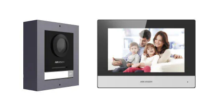 Kit videointercom IP Hikvision DS-KIS602(B), contine: DS-KD8003- IME1(B)/Surface × 1, DS-KH6320-WTE1 × 1, 4-port standard PoE switch × 1, 16 GB TF card × 1, caracteristici post exterior: 2MP HD camera, IR: 3m, WDR, microfon inclus, difuzor inclus, 1 