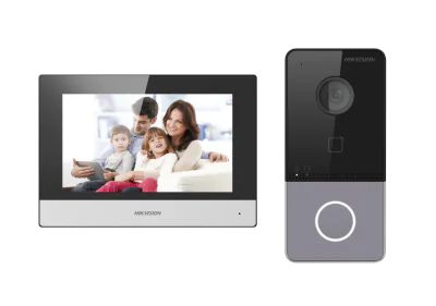 Kit videointercom IP Hikvision DS-KIS603-P(C) Flash 32 MB,memorie RAM 256MB,Indoor station: Supports live view of up to 16 IP cameras,7-inch touch screen, user friendly interface, Plug ＆ Play,Receives video call and unlocks on mobile App anywhere, an