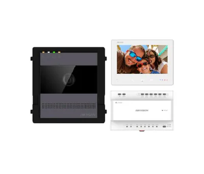 Kit videointercom IP Hikvision DS-KIS704EY/AL; kit-ul contine: 1x DS- KH7300EY-WTE2/WH, 1x DS-KD-ACW1, 1x DS-KD7003EY-IME2/AL, 1x DS- KSD7040EY, 1x 36W DIN RAIL PSU, 1x 32GB TF CARD, caracteristici post exterior: 2MP HD camera, IR, WDR, microfon incl