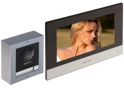 Kit videointerfon 2 fire pentru vilă HIKVISION DS-KIS702Y, post exterior + post interior, montaj aparent