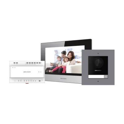 Kit videointerfon 2 fire pentru vilă HIKVISION DS-KIS702Y, post exterior + post interior, montaj aparent