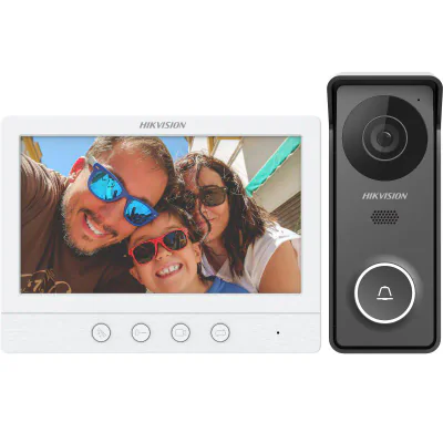 Kit videointerfon Hikvision DS-KIS213(B), caracteristici post exterior: IR: 3m, rezolutie: 1280 * 720@60fps, microfon si difuzor inclus, 1 buton, alimentare: 12 VDC, temperatura de functionare: -30° C to + 60° C, caracteristici post interior: ecran 7