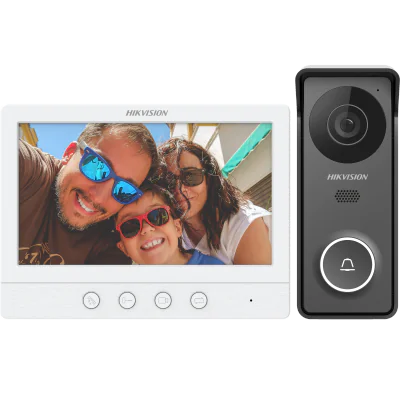 Kit videointerfon Hikvision DS-KIS213(B), caracteristici post exterior: IR: 3m, rezolutie: 1280 * 720@60fps, microfon si difuzor inclus, 1 buton, alimentare: 12 VDC, temperatura de functionare: -30° C to + 60° C, caracteristici post interior: ecran 7