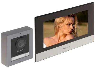 Kit videointerfon IP HIKVISION DS-KIS602(B), post exterior + post interior + switch PoE 4 porturi, montaj aparent