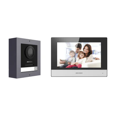 Kit videointerfon IP HIKVISION DS-KIS602(B), post exterior + post interior + switch PoE 4 porturi, montaj aparent