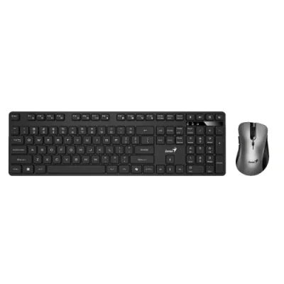 Kit wireless Genius tastatura wireless 104 taste (slim) + mouse wireless 1200dpi, 3 butoane, 11 taste functii multimedia, silent, AI key, negru