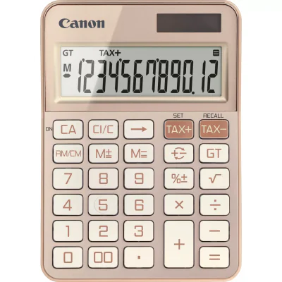"""Calculator birou Canon KS-125KB-RG, Rose Gold, 12 digits, 29 keys, dual power Solar+baterie, M+, M-,RM/CM, Tax+, Tax-, Baterie:LR44 x 1pc, Dimensiuni: 147 x 106 x 25mm, Greutate: 116g, Auto power off-7 min."""