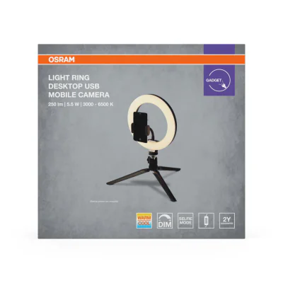 Lampa LED circulara portabila OSRAM Selfie RING, 5.5W, 250 lm, lumina alba(3000-6500K), dimabila, 1xCR2032, telecomanda, IP20, Ø20cm  / ↕ 33cm, Negru