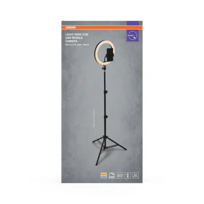 Lampa LED circulara portabila OSRAM Selfie RING cu TREPIED, 6W, 250 lm, lumina alba(3000-6500K), dimabila, 1xCR2032, telecomanda, IP20, Ø26cm / ↕ 222cm, Negru