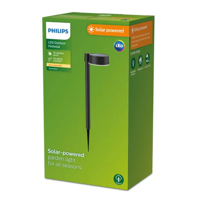 Lampa LED solara pentru exterior cu spike Philips VYNCE , 1.5W, 3.3V ,200lm, lumina calda (2700K), IP44, 540x142x112mm, Negru