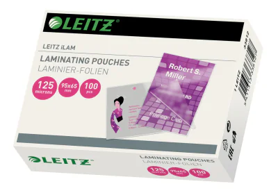 Leitz iLAM Glossy 95 x 65mm Laminating Pouches, 125 microns, Pack of 100, Glossy, Transparent, EVA (Ethylene Vinyl Acetate), Polyethylene terephthalate (PET), 65x95mm, 1.25 mm, 74 mm