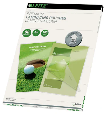 Leitz iLAM Ultra-premium Glossy A3 Laminating Pouches with UDT, 80 microns, Pack of 100, Glossy, A3, 309 mm, 435 mm, 20 mm, 2.27 kg