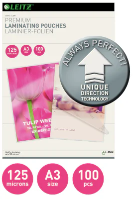 Leitz iLAM Ultra-premium Glossy A3 Laminating Pouches with UDT, 125 microns, Pack of 100, Glossy, Transparent, EVA (Ethylene Vinyl Acetate), Polyethylene terephthalate (PET), A3, 309 mm, 435 mm