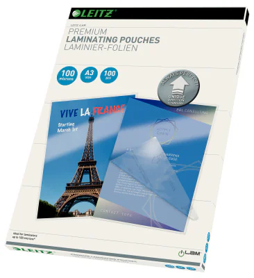 Leitz iLAM Ultra-premium Glossy A3 Laminating Pouches with UDT, 100 microns, Pack of 100, Glossy, Transparent, EVA (Ethylene Vinyl Acetate), Polyethylene terephthalate (PET), A3, 309 mm, 430 mm