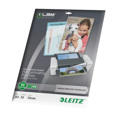 Leitz iLAM Ultra-premium Glossy A3 Laminating Pouches with UDT, 80 microns, Pack of 25, Glossy, Transparent, EVA (Ethylene Vinyl Acetate), Polyethylene terephthalate (PET), A3, 344 mm, 468 mm