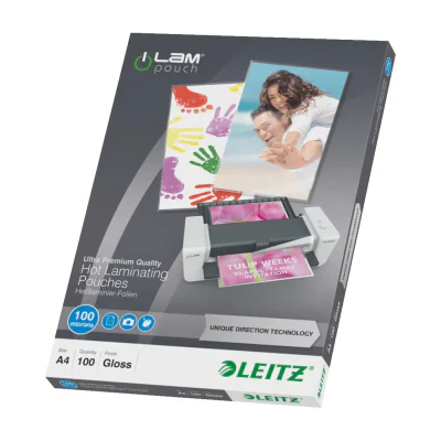 Leitz iLAM Ultra-premium Glossy A4 Laminating Pouches with UDT, 100 microns, Pack of 100, Glossy, Transparent, EVA (Ethylene Vinyl Acetate), Polyethylene terephthalate (PET), A4, 222 mm, 309 mm