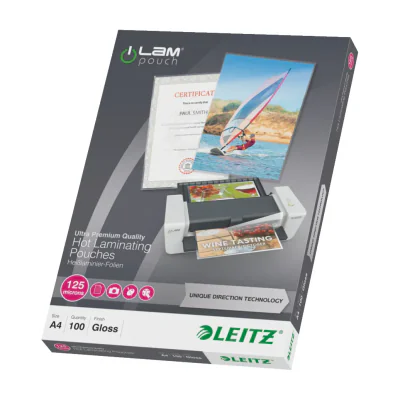 Leitz iLAM Ultra-premium Glossy A4 Laminating Pouches with UDT, 125 microns, Pack of 100, Glossy, Transparent, EVA (Ethylene Vinyl Acetate), Polyethylene terephthalate (PET), A4, 222 mm, 309 mm