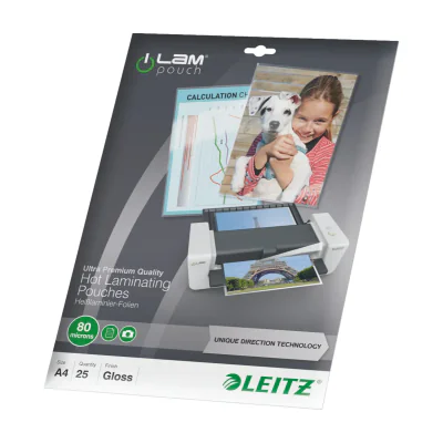 Leitz iLAM Ultra-premium Glossy A4 Laminating Pouches with UDT, 80 microns. Pack of 25., Glossy, Transparent, EVA (Ethylene Vinyl Acetate), Polyethylene terephthalate (PET), A4, 254 mm, 355 mm
