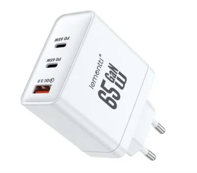 Lemontti Incarcator Retea GaN 2x Type-C si 1x USB-A, 65W, Fast Charge, EU Plug, Alb