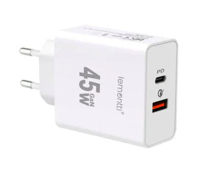 Lemontti Incarcator Retea GaN Fast Charge 45W 1 x PD Type-C + 1 x USB-A Quick Charge 3.0 Alb