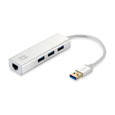 LevelOne Gigabit USB Network Adapter, USB Hub, Wired, USB, Ethernet, 1000 Mbit/s, Silver, White